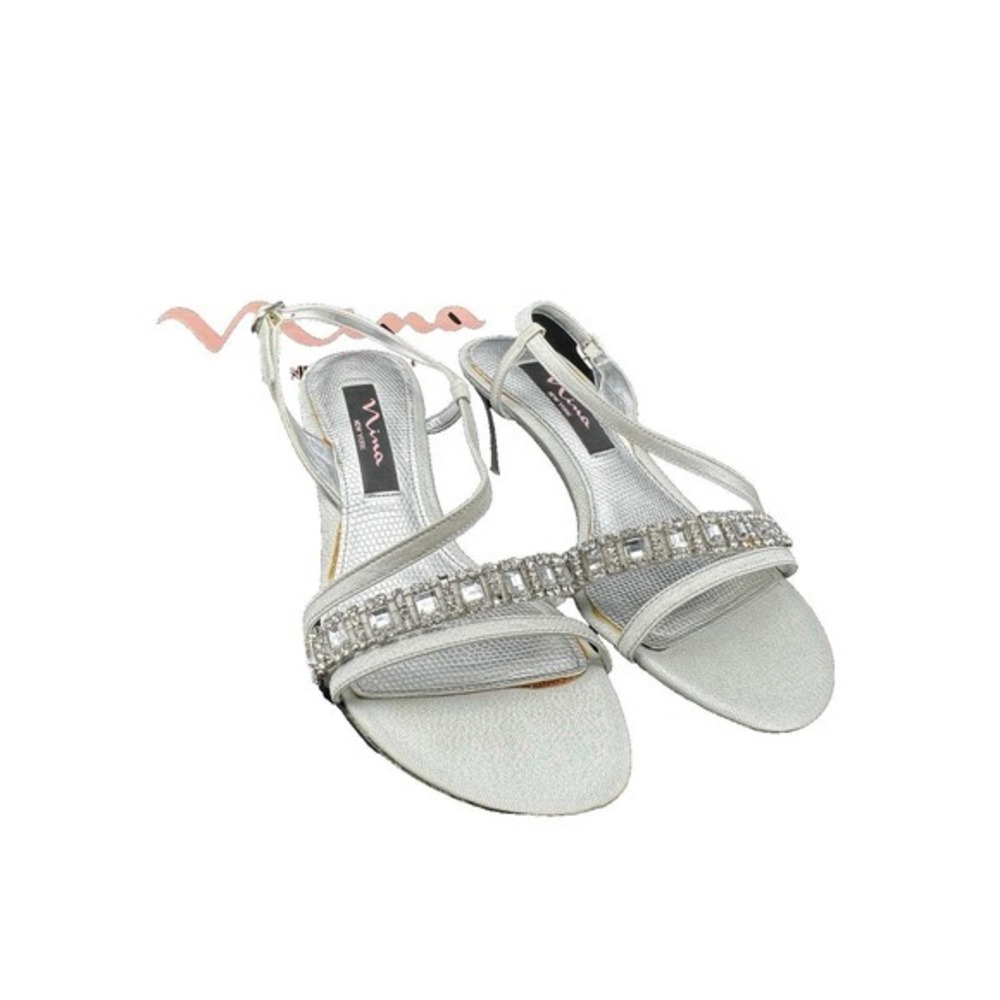 Women's HIgh‎ Heel Sandals Rhinestone Vintage Nina Shoes Silver Glimmer JS 5 1/2